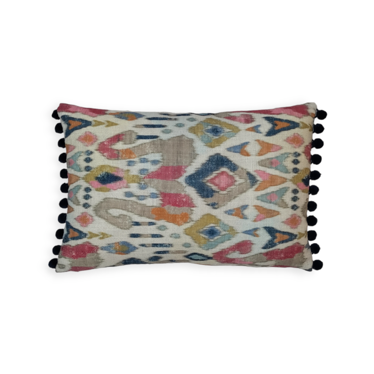 Jane Churchill Jaru Ikat Cushion With Navy Pom Poms – Upstairs 