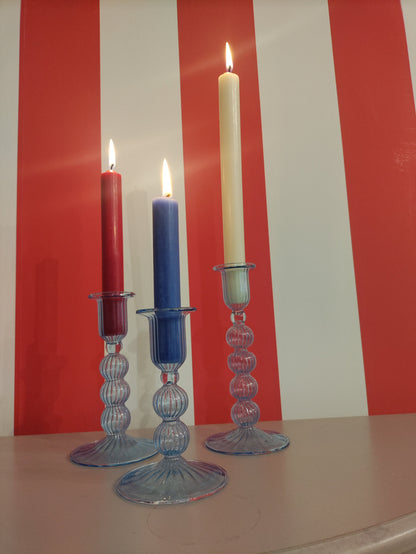 Set of 3 Bubble Flute Handblown Glass Candlestick