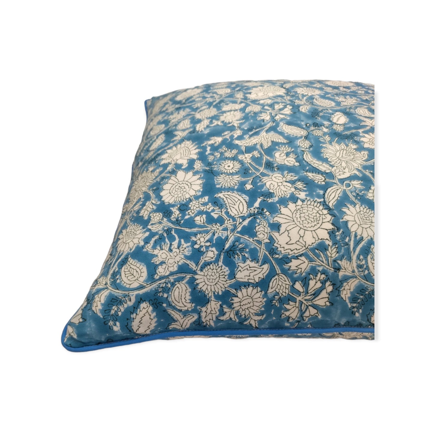 Aqua Floral Piped Hand Block Printed Cotton Cushion